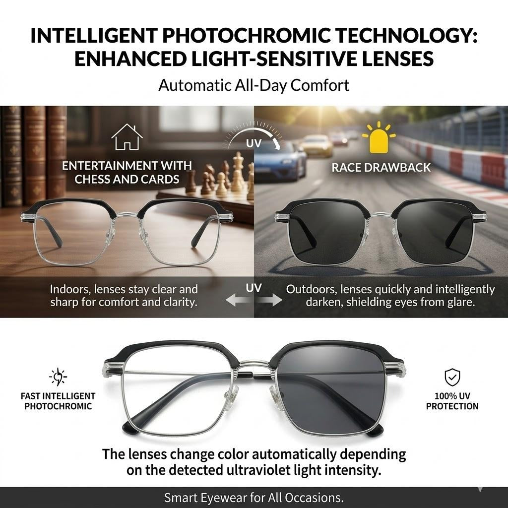 Smart zoom and intelligent color-changing lenses, 2-in-1 eyeglasses and sunglasses. Unisex minimalist silicone glasses with clear vision, nose bridge support, ergonomic design, and a lightweight everyday style